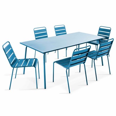 OVIALA  Palavas - Table de Jardin et 6 chaises en m&eacute;tal Bleu Pacific