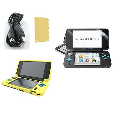 GENERIQUE Pack 3 En 1 Nintendo New 2ds Xl : Housse Silicone Jaune - Chargeur Usb - Film De Protection &Eacute;cran