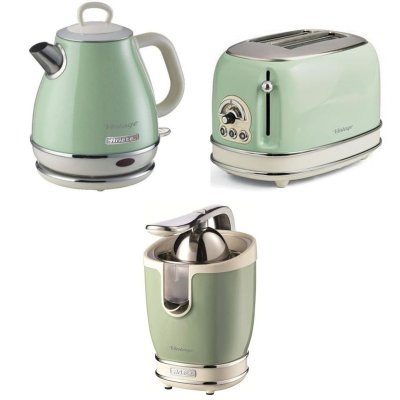 ARIETE Pack bouilloire &eacute;lectrique 1l + grille-pain acier vert vintage r&eacute;tro + presse-agrumes &eacute;lectrique 85w 