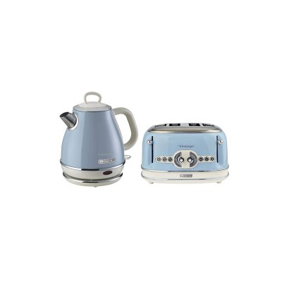 ARIETE pack bouilloire electrique 1l sans fil 1630w grillepain 4 fentes 1600w bleu r&eacute;tr 