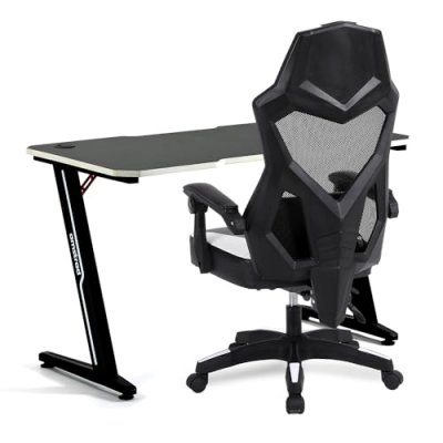 Pack Bureau DESK120Z-WHITE & Fauteuil AMS-309-WH - Finition blanc - Largeur 1m20 - Style carbone