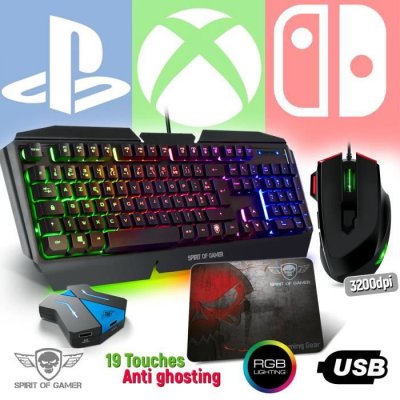 SPIRIT OF GAMER Pack clavier pro-k5, souris rgb et tapis pour console ps4, xbox one, switch - convertisseur inclus