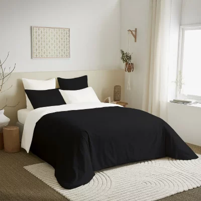 COTON PUR Pack complet 6 pi&egrave;ces Noir/Blanc housse de couette pour lit 160 x 200 cm 100% coton / 57 fils/cm&sup2;