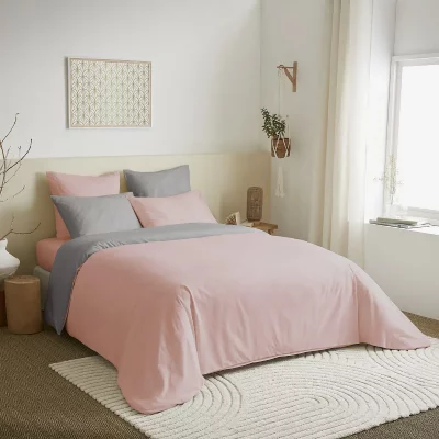 COTON PUR Pack complet 6 pi&egrave;ces rose/gris housse de couette pour lit 160 x 200 cm 100% coton / 57 fils/cm&sup2;