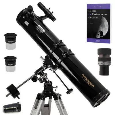 OMEGON Pack Complet T&eacute;lescope  114/900 EQ1 + Zoom + Guide D&eacute;butant + Oculaires + Barlow