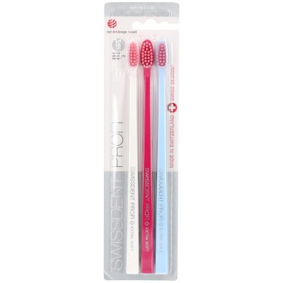 SWISSDENT Pack de 3 Brosses &agrave; Dent Extra Souples - Blanc, Rose, Bleu Clair