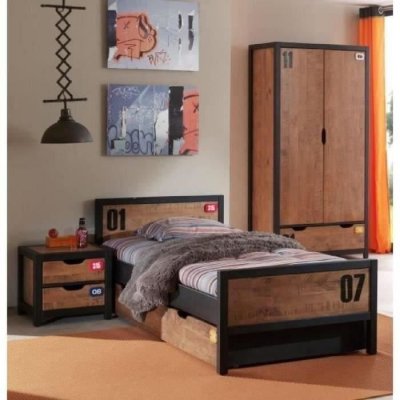 VIPACK Pack - Lit Enfant, Chevet, Tiroir & Armoire Alex Marron & Noir