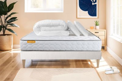 SEPTNUITS Pack matelas Memo + sommier 140x190 + 2 oreillers m&eacute;moire de forme