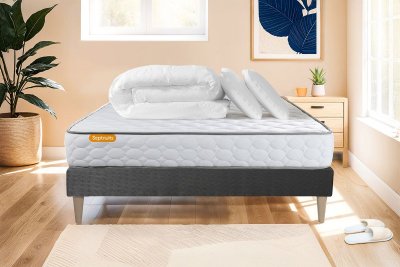 SEPTNUITS Pack matelas memo + sommier gris 160x200 + 2 oreillers m&eacute;moire de forme