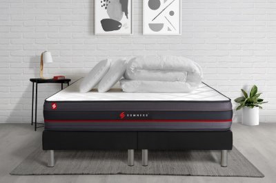 SOMNESS Pack matelas REGEN double sommiers noir Couette 2 oreillers