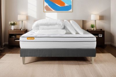SEPTNUITS Pack matelas sommier gris Luxe Ressorts memoire de forme 5 zones de confort MAXI epaisseur