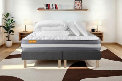 SEPTNUITS Pack matelas sommier Gris Memo plus M&eacute;moire de forme avec 2 oreillers et couette