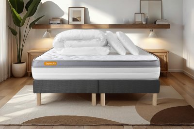 SEPTNUITS Pack matelas sommier Gris Memo zen M&eacute;moire de forme avec 2 oreillers et couette