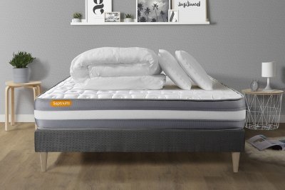 SEPTNUITS Pack matelas sommier kit Gris Memo plus M&eacute;moire de forme avec 2 oreillers et couette