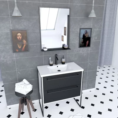 Pack meuble de salle de bain 80x50 Blanc - 2 tiroirs + vasque resine blanche + miroir noir mat