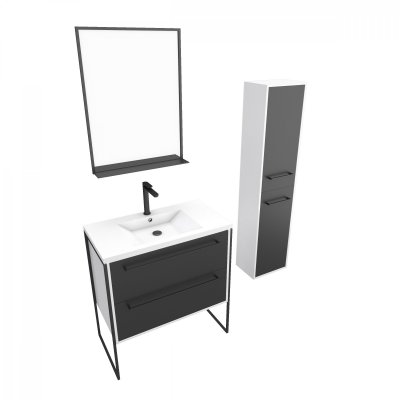 Pack meuble de salle de bain 80x50 cm NOIR - vasque r&eacute;sine blanche + miroir noir mat + colonne