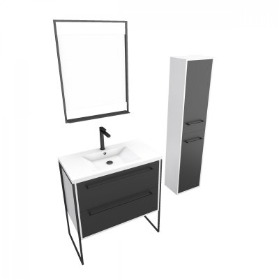 Pack meuble de salle de bain 80x50 NOIR - 2 tiroirs + vasque resine blanche + miroir + colonne
