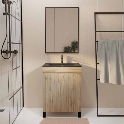 Pack Meuble sdb 60cm sur pieds 2 portes CheneVasque noire + Miroir - timber 60Pack01