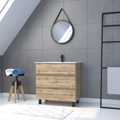 Pack Meuble sdb 80cm sur pieds 3 tiroirs CheneVasque blanche + Miroir Barber - timber 80Pack48