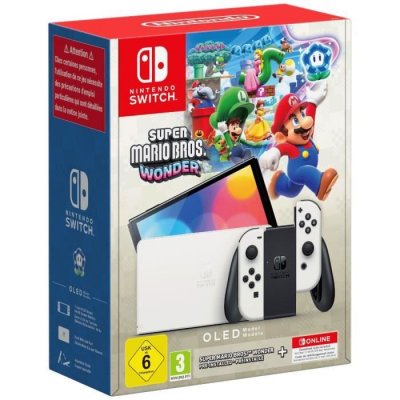 Pack Nintendo Switch (mod&egrave;le Oled) Blanche + Super Mario Bros Wonder (pr&eacute;install 