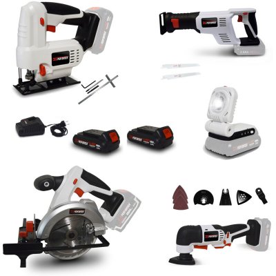 X PERFORMER Pack Outillage BATTERIES 2 Ah - Scie Sauteuse - Circulaire - Sabre - Multifonctions - Lampe LED