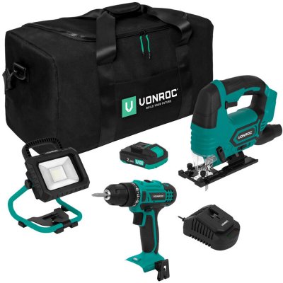 VONROC Pack outils sans fil VPower 20V - 2 machines avec 1 batterie 2.0Ah et chargeur inclus