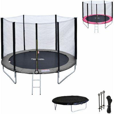 HAPPY GARDEN Pack Premium Trampoline &Oslash;180cm  gris et rose avec filet + &eacute;chelle + b&acirc;che + kit d'ancrage
