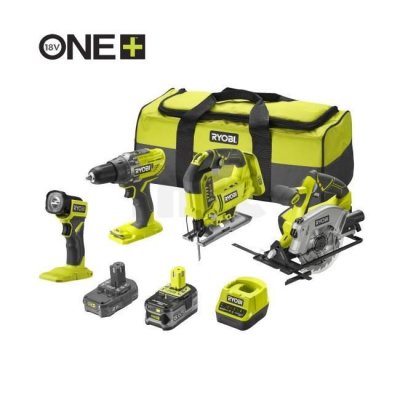 RYOBI Pack  ONE+ 18V : 4 machines - 2 bat. Li-Ion 5Ah et 2Ah + chargeur & sac de transport