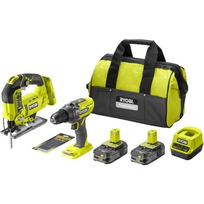RYOBI Pack  ONE+ 18V : perceuse &agrave; percussion + scie sauteuse - 2 bat. Li-Ion 2.5Ah + chargeur & sac