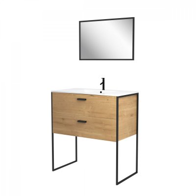 Pack salle de bain avec miroir et vasque en c&eacute;ramique - Bois - 80 cm