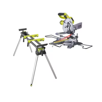 RYOBI Pack Scie &agrave; coupe d'onglets radiale &eacute;lectrique - 1500W - 216mm - EMS216L - Support universel RLS02
