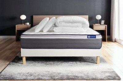 ACTISOM Pack sommier kit matelas Hybride 200x200 Blanc Oreiller couette