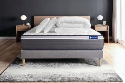 ACTISOM Pack sommier kit matelas Hybride 200x200 Gris Oreiller couette