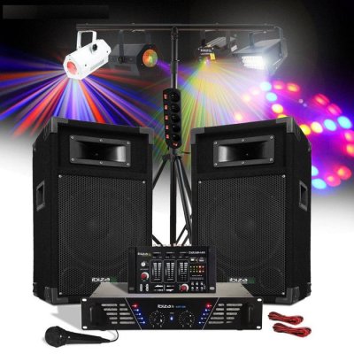 IBIZA SOUND Pack sono 480W Enceintes + Ampli + Table de mixage + Mic + Portiques + 4 jeux de lumi&egrave;re