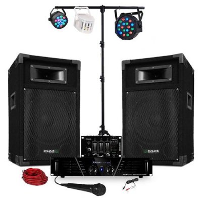 IBIZA SOUND Pack sono ampli + enceintes 500w + table de mixage + 3 jeux de lumi&egrave;res + portique