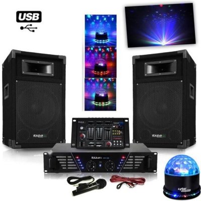 IBIZA SOUND Pack sono ampli + enceintes 500w + table de mixage + sunmagic led rvb