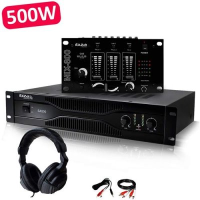 IBIZA SOUND Pack Sono Dj Amplificateur 500W SA500 + Table de mixage MIX800 + CASQUE + C&acirc;blages RCA + PC