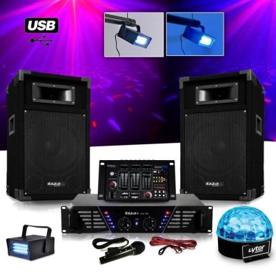 IBIZA SOUND Pack Sono DJ complet ampli + enceintes 500W + Table de mixage + LIGHT SIXMAGIC LED RVB + LEDSTROBE