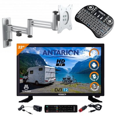 ANTARION Pack tv led 22"" 55cm t&eacute;l&eacute;viseur full hd smart tv + support tv double bras + clavier sans fil