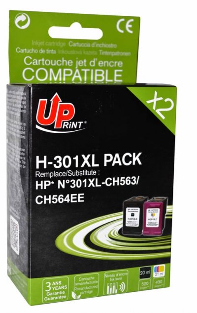 UPRINT Pack  compatible HP 301XL (CH563EE/CH564EE) noir et couleur