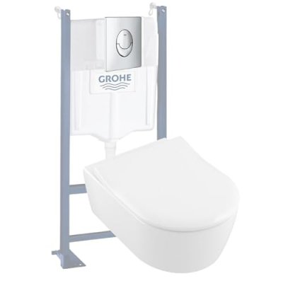 VILLEROY & BOCH Pack WC suspendu sans bride Avento + abattant + plaque chrom&eacute;e + b&acirc;ti Grohe