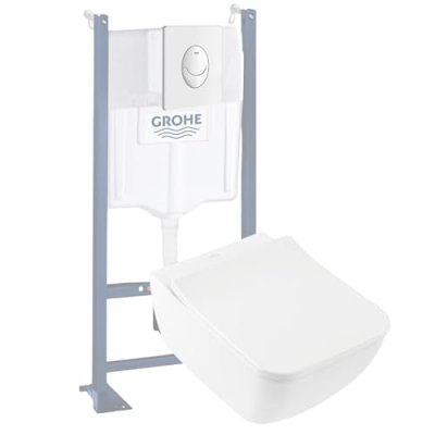 VILLEROY & BOCH Pack wc suspendu sans bride venticello + abattant + plaque blanche + b&acirc;ti grohe