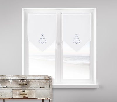 Paire de vitrages brod&eacute;s Ancre Marine Bleu 40 x 55 cm - Bleu