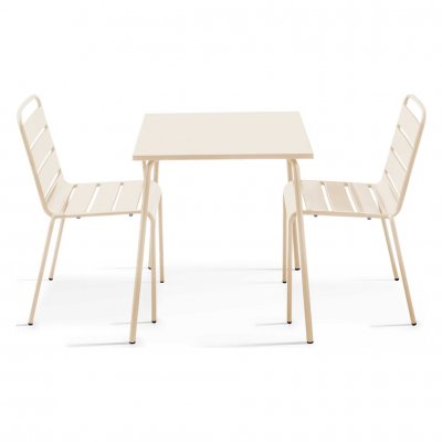 OVIALA Palavas - ensemble table de jardin carr&eacute;e et 2 chaises acier ivoire