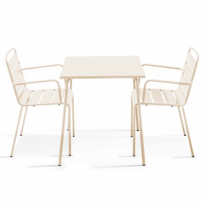OVIALA Palavas - ensemble table de jardin carr&eacute;e et 2 fauteuils acier ivoire