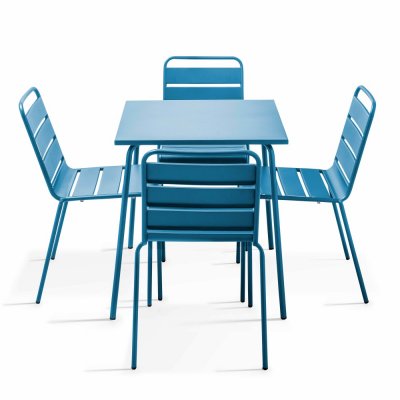 OVIALA Palavas - ensemble table de jardin et 4 chaises en m&eacute;tal bleu pacific