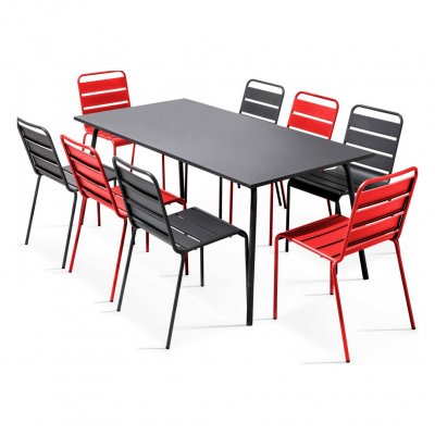 OVIALA Palavas - ensemble table de jardin et 8 chaises en m&eacute;tal gris et rouge