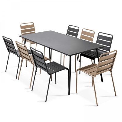 OVIALA Palavas - ensemble table de jardin et 8 chaises en m&eacute;tal gris et taupe