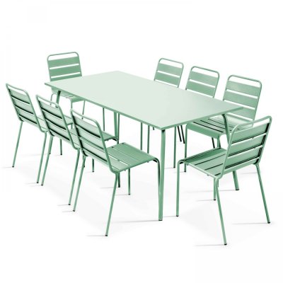 OVIALA Palavas - ensemble table de jardin et 8 chaises en m&eacute;tal vert sauge