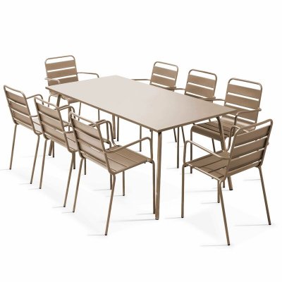 OVIALA Palavas - ensemble table de jardin et 8 fauteuils en m&eacute;tal taupe
